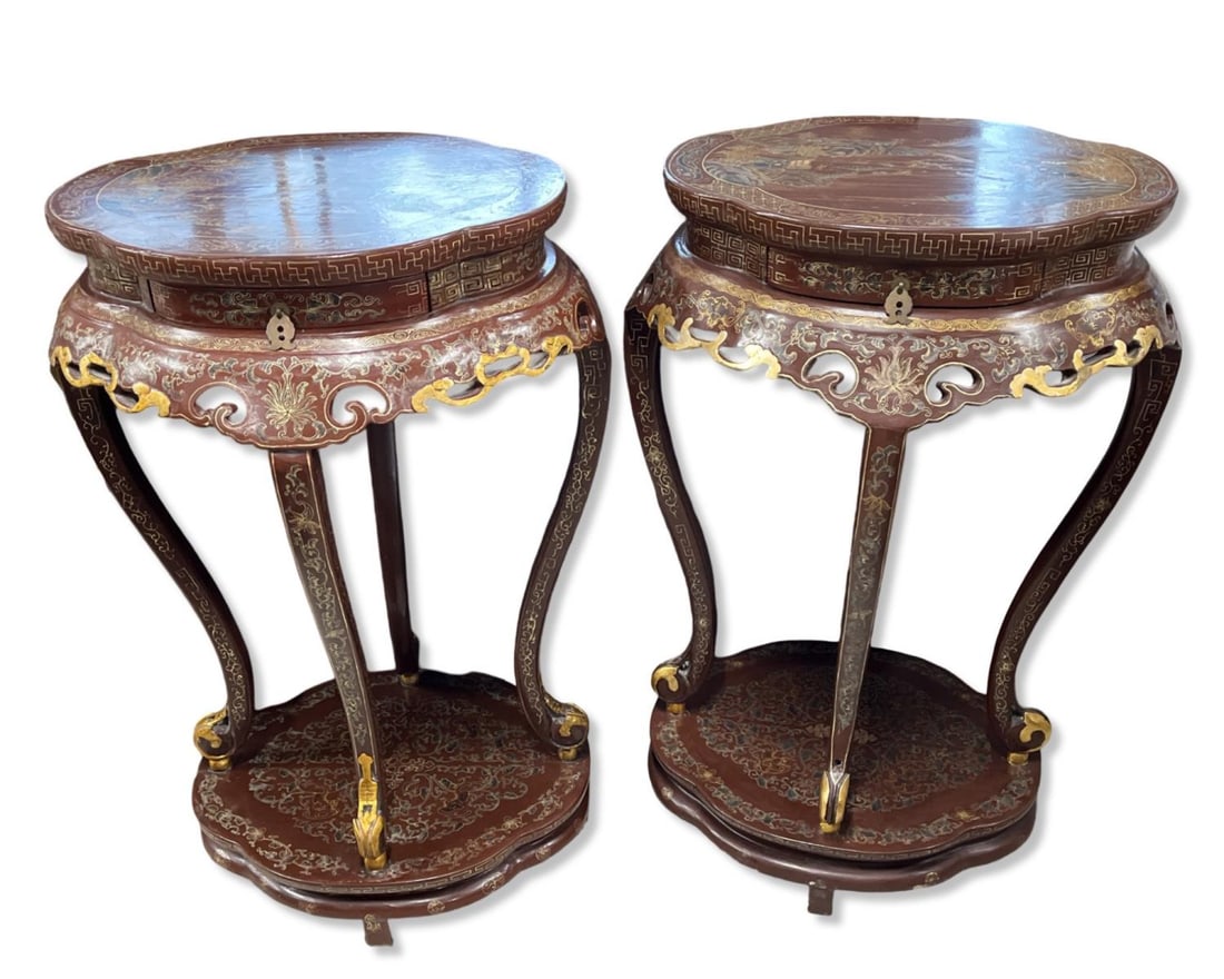 Pair of Chinese Gilt & Red Lacquer Chinoiserie Pedestal Stands (1 of 3)