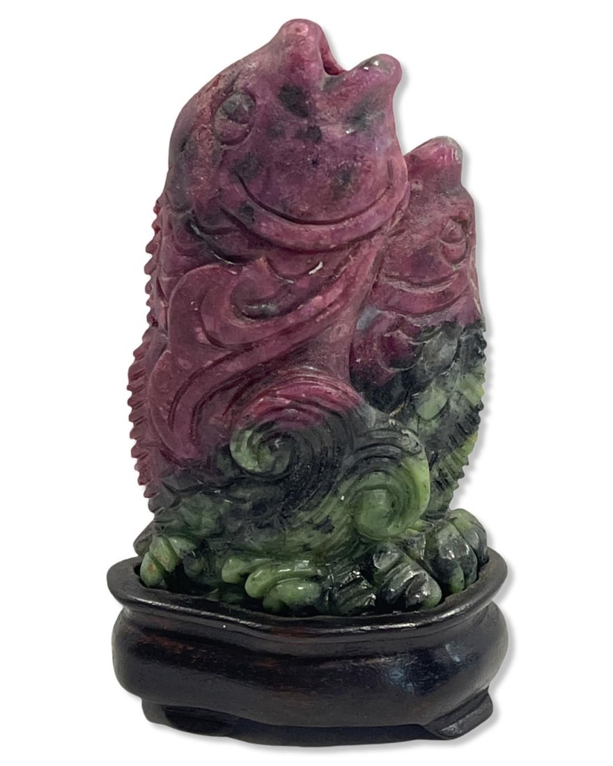 Ruby Zoisite Hand Carved Double Fish on Wood Stand Figurines (1 of 2)