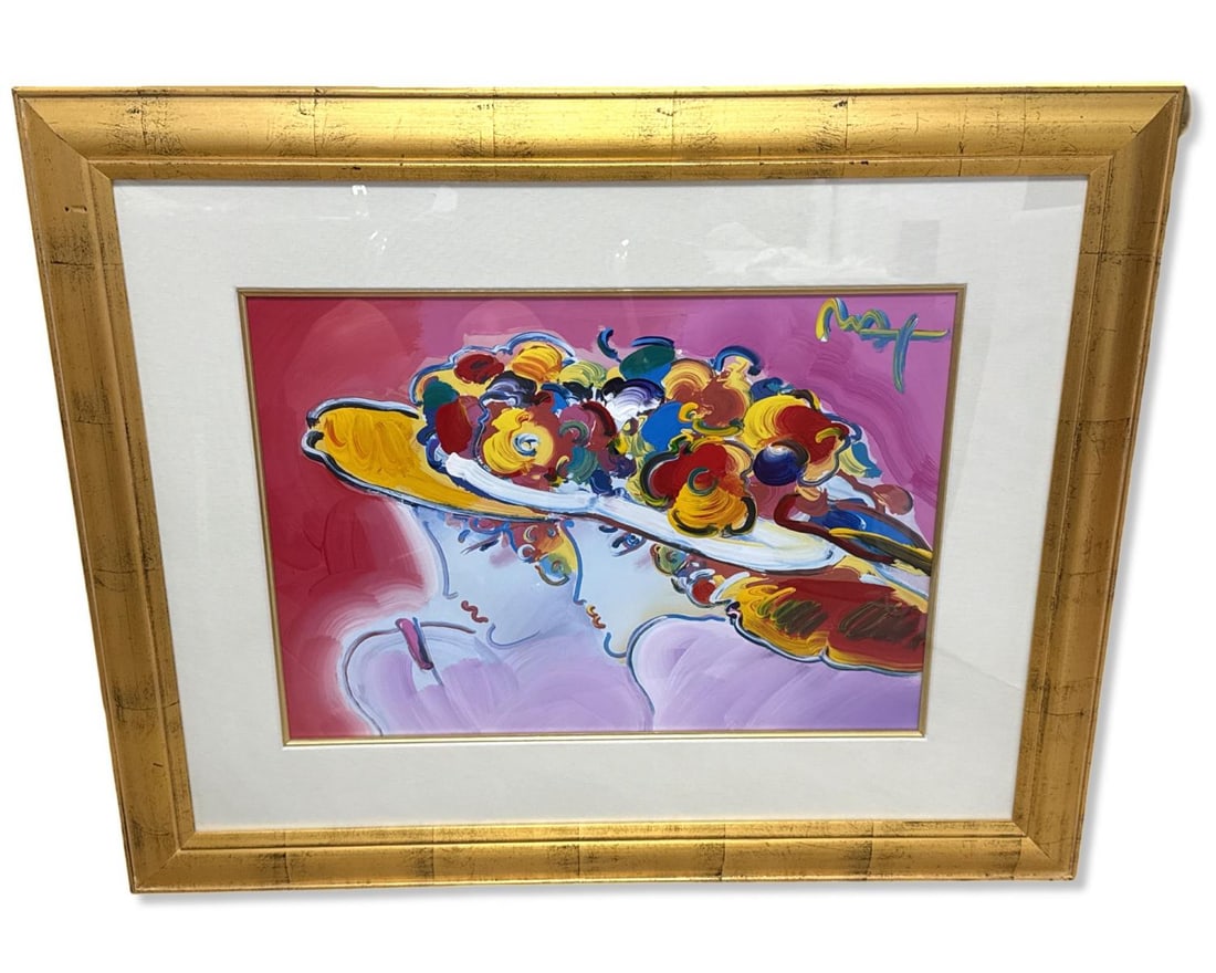 Signed Peter Max (German/American, B. 1937) Oil Painting Two Women with Hats (1 of 5)