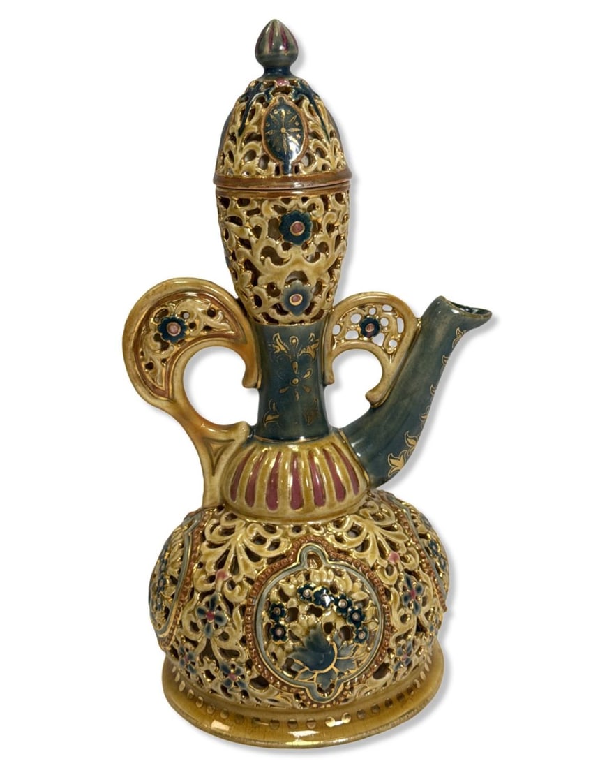 Zsolnay Pecs Lidded Porcelain Pitcher: Zsolnay Pecs Lidded Porcelain Pitcher measures H: 10 1/4" x W: 4 3/4"