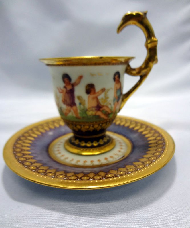 Dresden Porcelain Cup & Saucers: Dresden Porcelain Cup & Saucers. Hand painted figures. Measures 2 1/2" high x 5 3/4" wide. For Domestic or International Shipping Quotes Please Feel Call Ryan or Dave at Eagle Shipping Center 561-932-