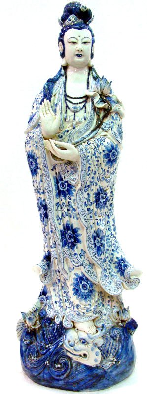Antique Chinese Blue & White Large Porcelain Figure: Antique Chinese blue and white large porcelain figure. Measures 49" tall. For Domestic or International Shipping Quotes Please Feel Call Ryan or Dave at Eagle Shipping Center 561-932-0700 or email the