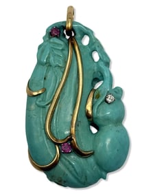 14kt YG, Carved Turquoise, Ruby, & Diamond Pendant