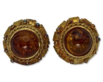 18kt YG & Carved Amber Earrings