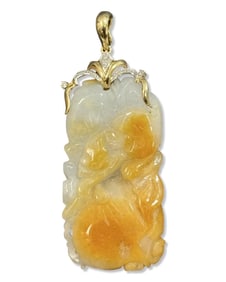 14kt YG, Chinese Carved Jade, & Diamond Pendant