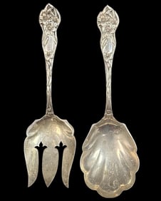 Pair of Antique Sterling Silver Floral Motif Serving Pcs