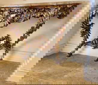 Pair of Carved Goldleaf & Faux Marble Top Consoles