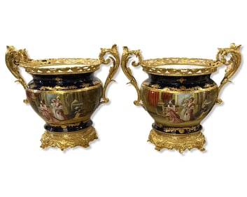 Pair of Palace Size Sevres Style Porcelain & Dore Bronze Two Handled Jardineres