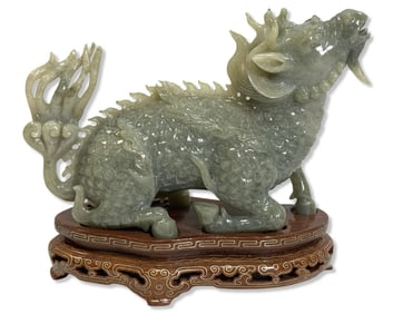 Chinese Carved Jade Dragon Figurine on Wood Base