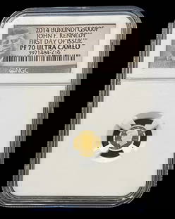2014 John F. Kennedy Gold Coin PF 70: 2014 John F. Kennedy Gold Coin PF 70. 2014 Burundi g5000f first day of issue Rev PF 70, slabbed and graded by NGC
