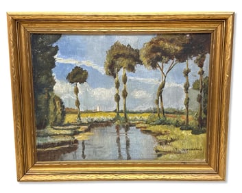 Signed Delia Delancy Oil Painting on Board of a Rural River Scene