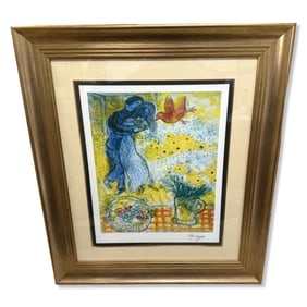 Signed Marc Chagall (Russian/French, 1887-1985) Lithograph in Color Lovers and Daisies