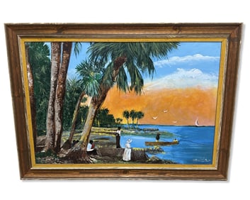 Signed Sylvester Wells (American, 1938-2023) Florida Highwaymen Oil Painting on Canvas of Figures on