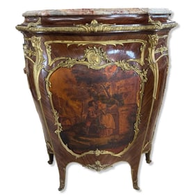 Signed Antique Louis XV Style Bronze Mounted Serpentine Single Door Commode