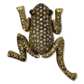 18kt YG, Approx 2.00ct Diamond, & 0.06ct Emerald Moveable Frog Brooch