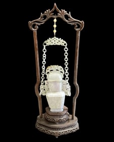 Rare Chinese Hand Carved Jade Covered Incense Burner with Finial Details, Fitted on Carved Wood