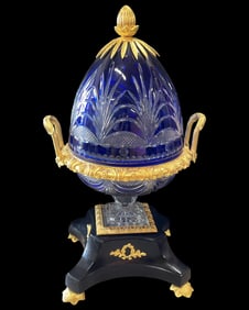 European Cobalt Cut to Clear Crystal & Dore Bronze Mounted Egg with Six Champagne Flute Glasses and