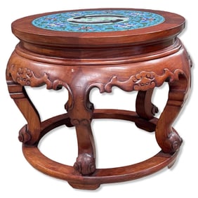 Chinese Carved Rosewood & Cloisonne Top Stool