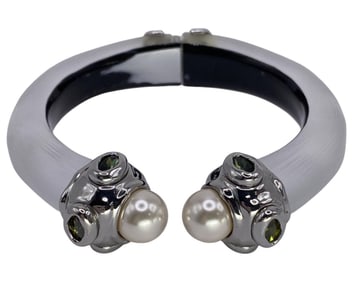 Alexis Bittar Hand Carved Lucite & Mother of Pearl Crystal Bracelet