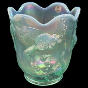 Signed Fenton Atlantis Koi Fish Iridescent Vase