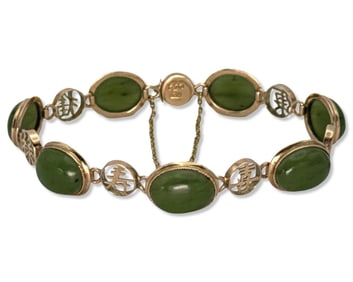 14kt YG & Chinese Carved Spinach Jade Bracelet
