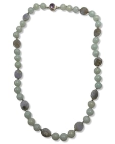 Chinese Carved Jade, Precious Gemstone, & Sterling Silver Bead Necklace