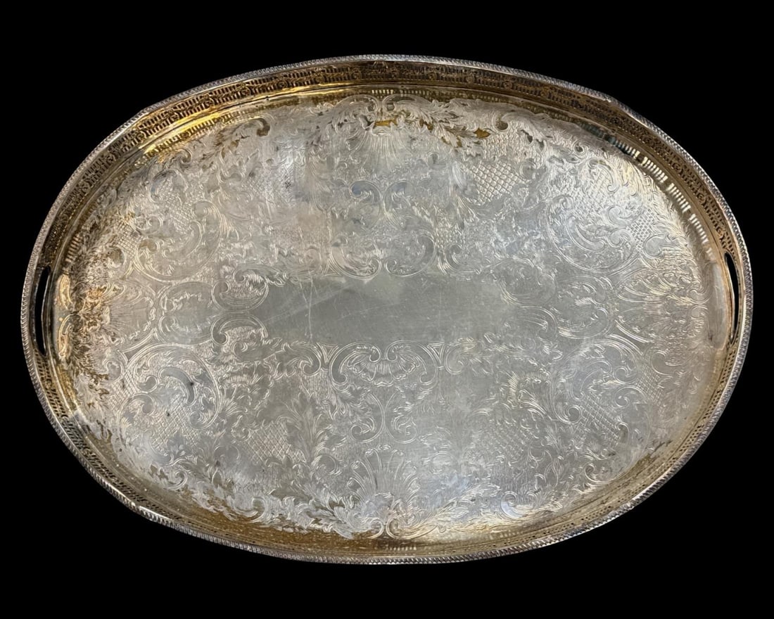 Antique English Chased Footed Silverplate Serving Tray (1 of 3)