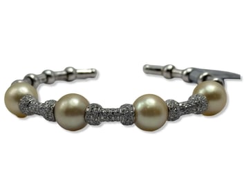 14kt WG, 2.60ct Diamond, & Pearl Bangle Bracelet