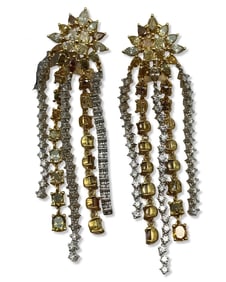 18kt YG + WG, 7.55ct Colored Diamond, & 2.07ct Diamond Earrings