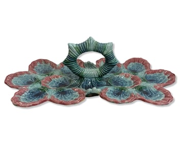 Rare Antique Majolica Oyster Serving Tray with Handle