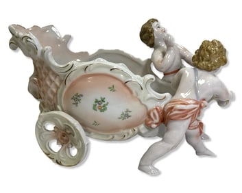 Dresden Style Porcelain Centerpiece of Two Figures Pulling a Chariot