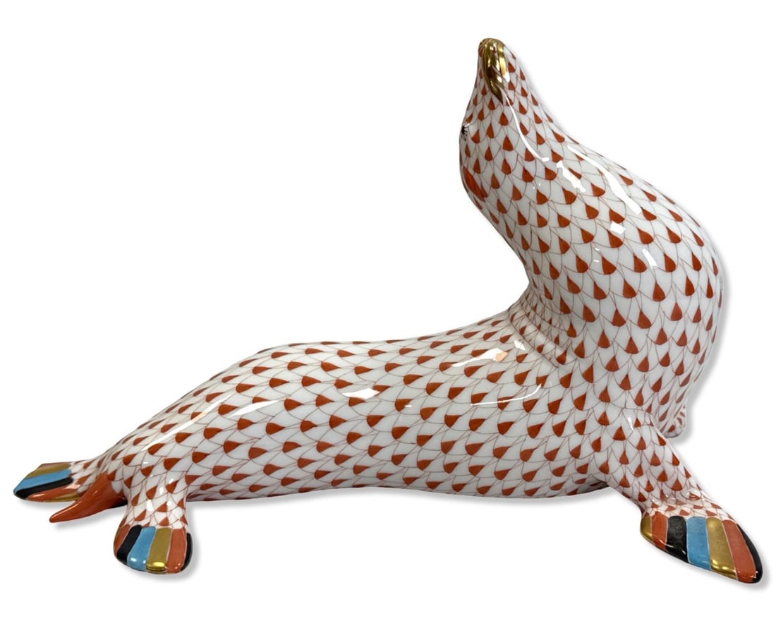 Herend Hungary Hand Painted Rust Fishnet Sea Lion Porcelain Figurine (1 of 3)