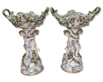 Pair of German Meissen Porcelain Reticulated Bolted Compotes