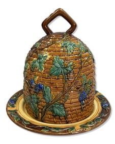Rare George Jones? Large Majolica Beehive Cheese Keeper & Underplate