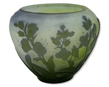Galle White & Green Etched Cameo Glass Landscape Vase