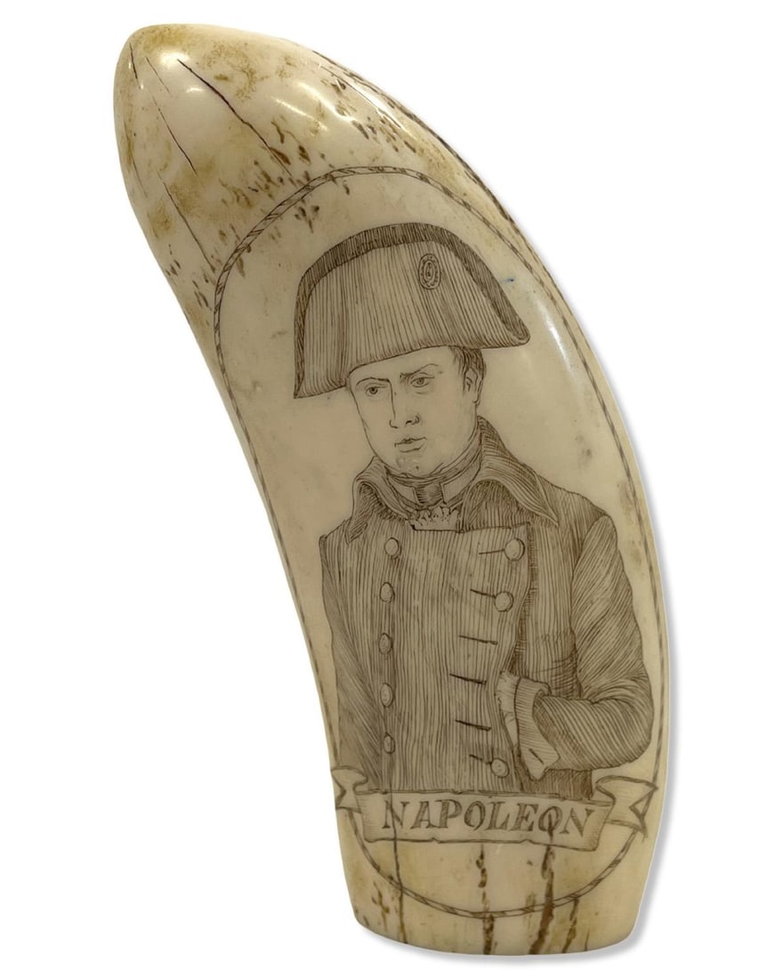 Napoleon Scrimshaw Whale Tooth, Well Carved Scrimshaw dated 1815: Napoleon Scrimshaw Whale Tooth, Well Carved Scrimshaw dated 1815 measures H: 6 1/2"
