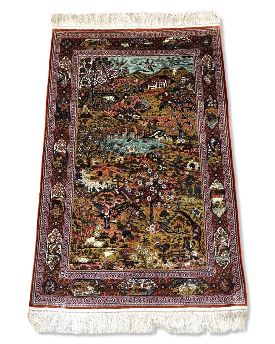 Persian Silk Oriental Rug Featuring a Figural Rural Village Scene Throughout (1 of 4)