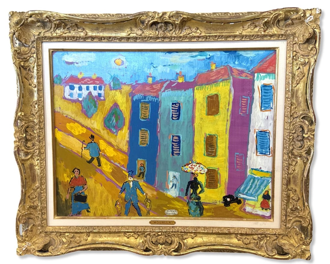 After Fikret Moualla (French/Turkish, 1903-1967) gouache painting titled Pêcheur (The Fisherman),: After Fikret Moualla (French/Turkish, 1903-1967) gouache painting titled Pêcheur (The Fisherman), executed on paper laid down on canvas. This Fauvist-inspired street scene showcases a vibrant color p