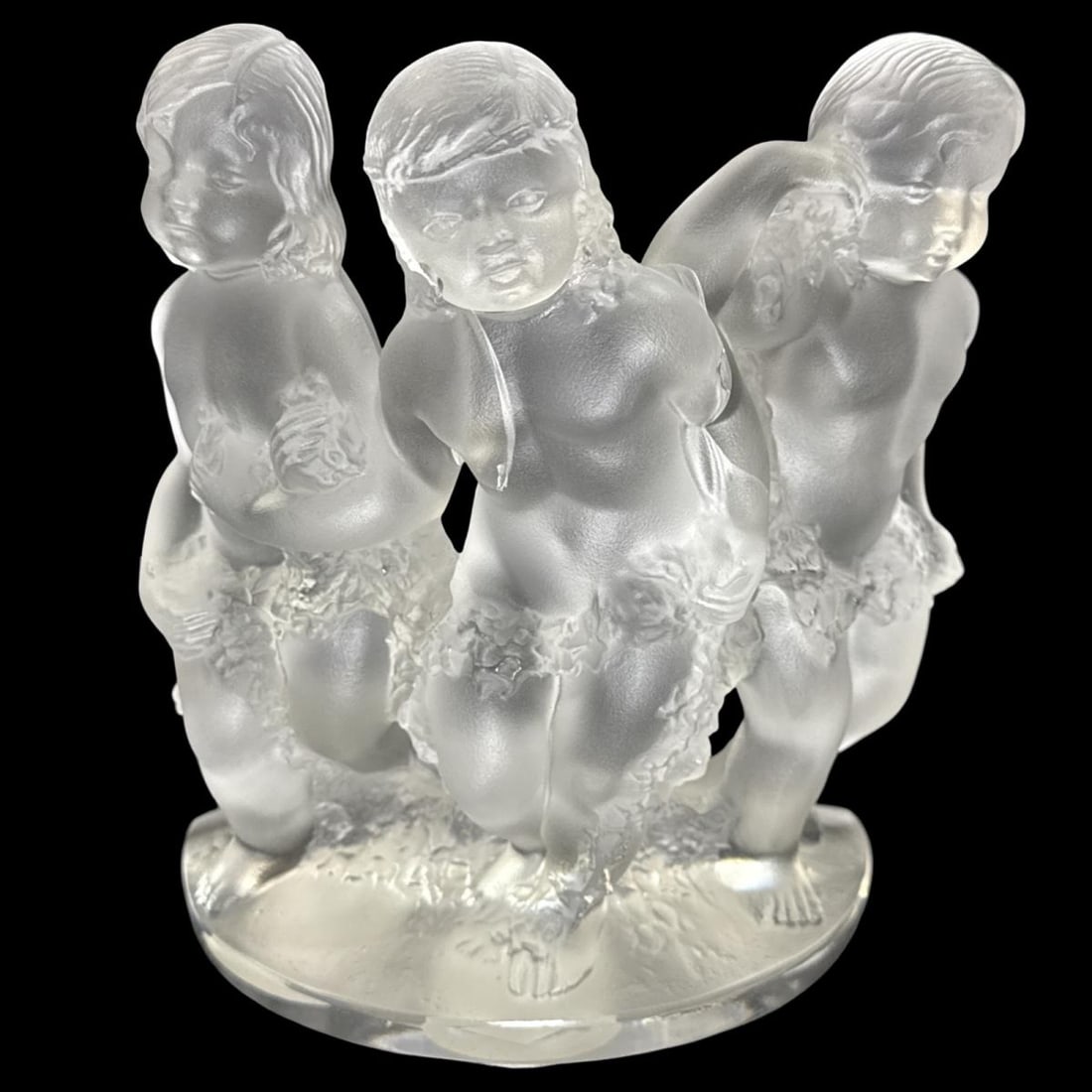 Lalique France Frosted & Clear Crystal Luxembourg Cherubs Figurine: Lalique France Frosted & Clear Crystal Luxembourg Cherubs Figurine measures H: 8" x W: 6 1/2". Lot has damage througout, sold as is