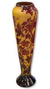 After Emille Galle French Cameo Glass Vase Decorated with Fruits & Leaves: After Emille Galle French Cameo Glass Vase Decorated with Fruits & Leaves. Signed Galle, measures H: 32". Original price $10,000.00