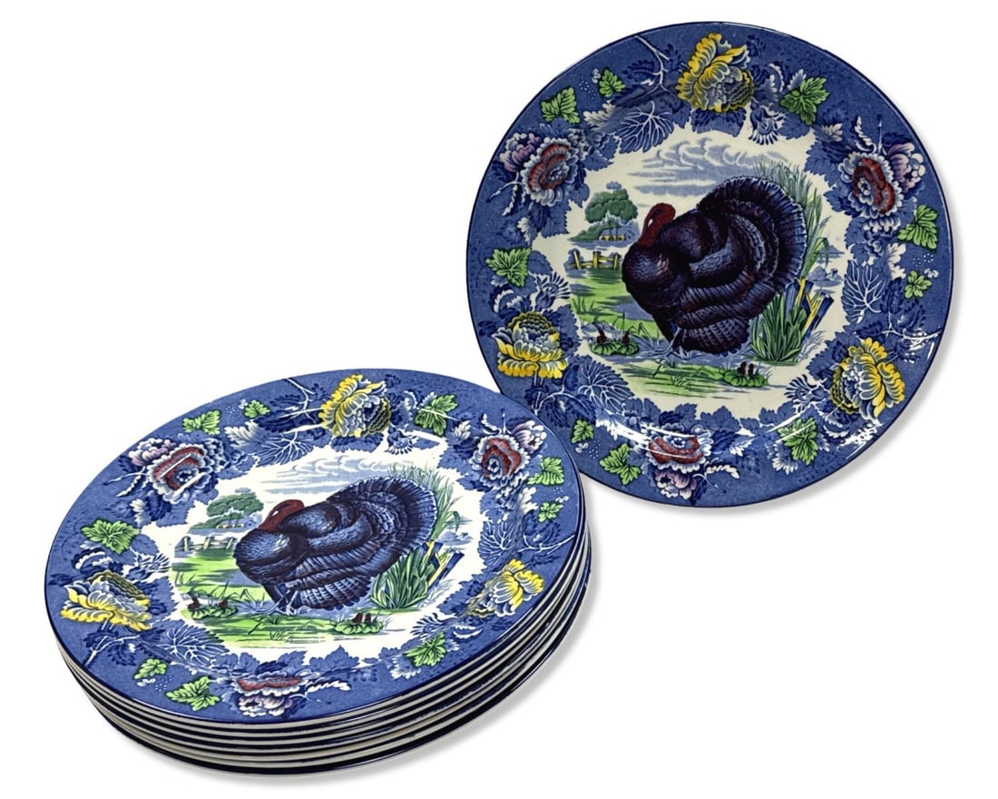 Lot of Eight Enoch & Ralph Woods Burslem English Polychrome Turkey Dinner Plates: Lot of Eight Enoch & Ralph Woods Burslem English Polychrome Turkey Dinner Plates measures DIA: 10 1/8". All pieces have matching subject