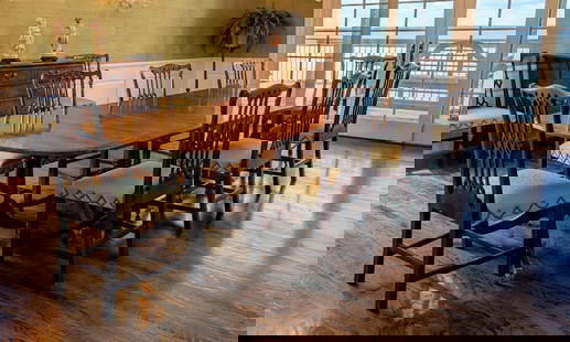 18th Century English Banded Wood Dining Room Table: 18th Century English Banded Wood Dining Room Table measures H: 29 1/2" x W: 47 1/2" x L: 137 3/4"