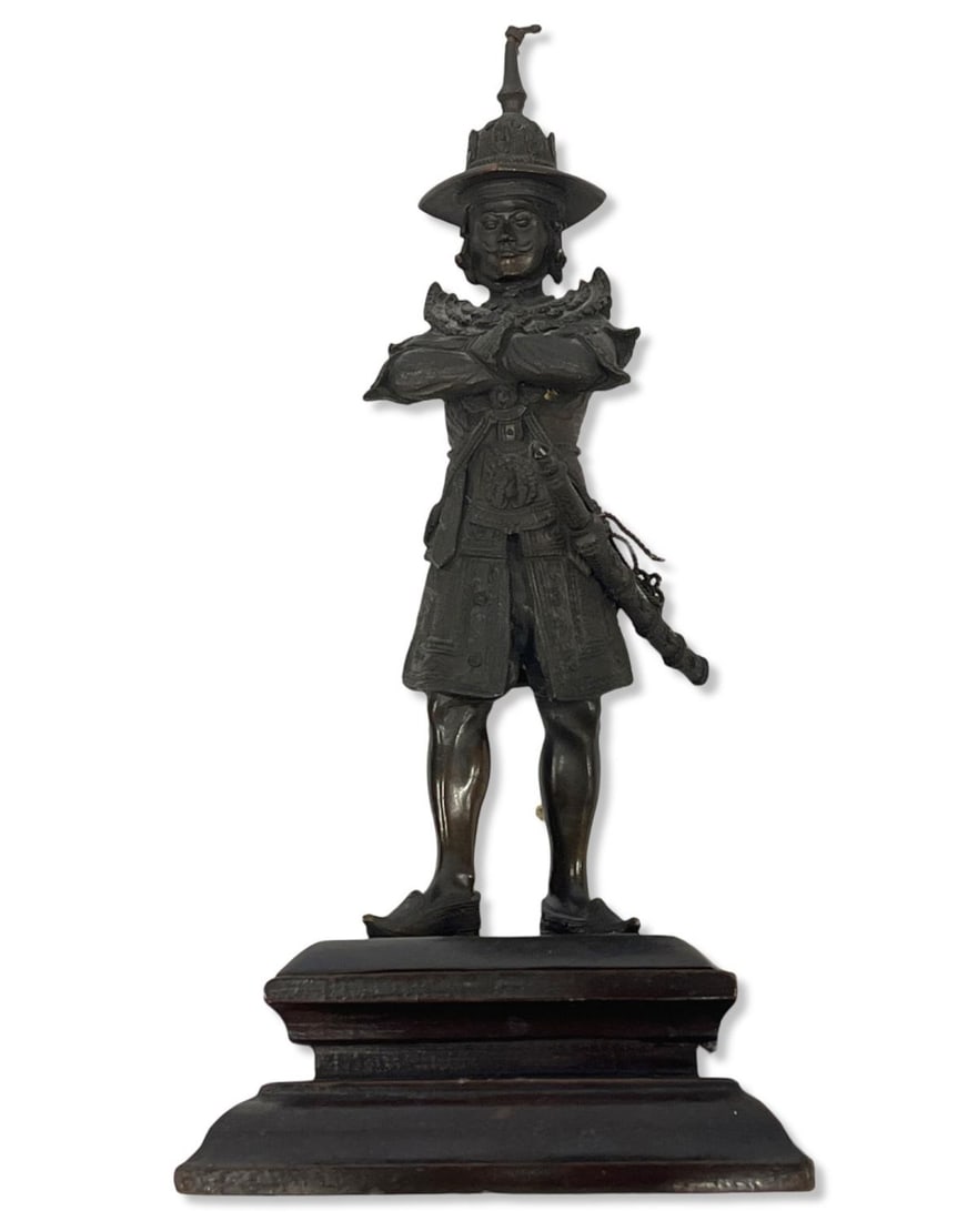 Japanese Meji Period Bronze Samurai Sculpture on Wood Base (1 of 2)