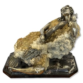Signed Carrera Y Carrera Spanish Silver & Geode Woman with Swan Sculpture on Black Marble Base