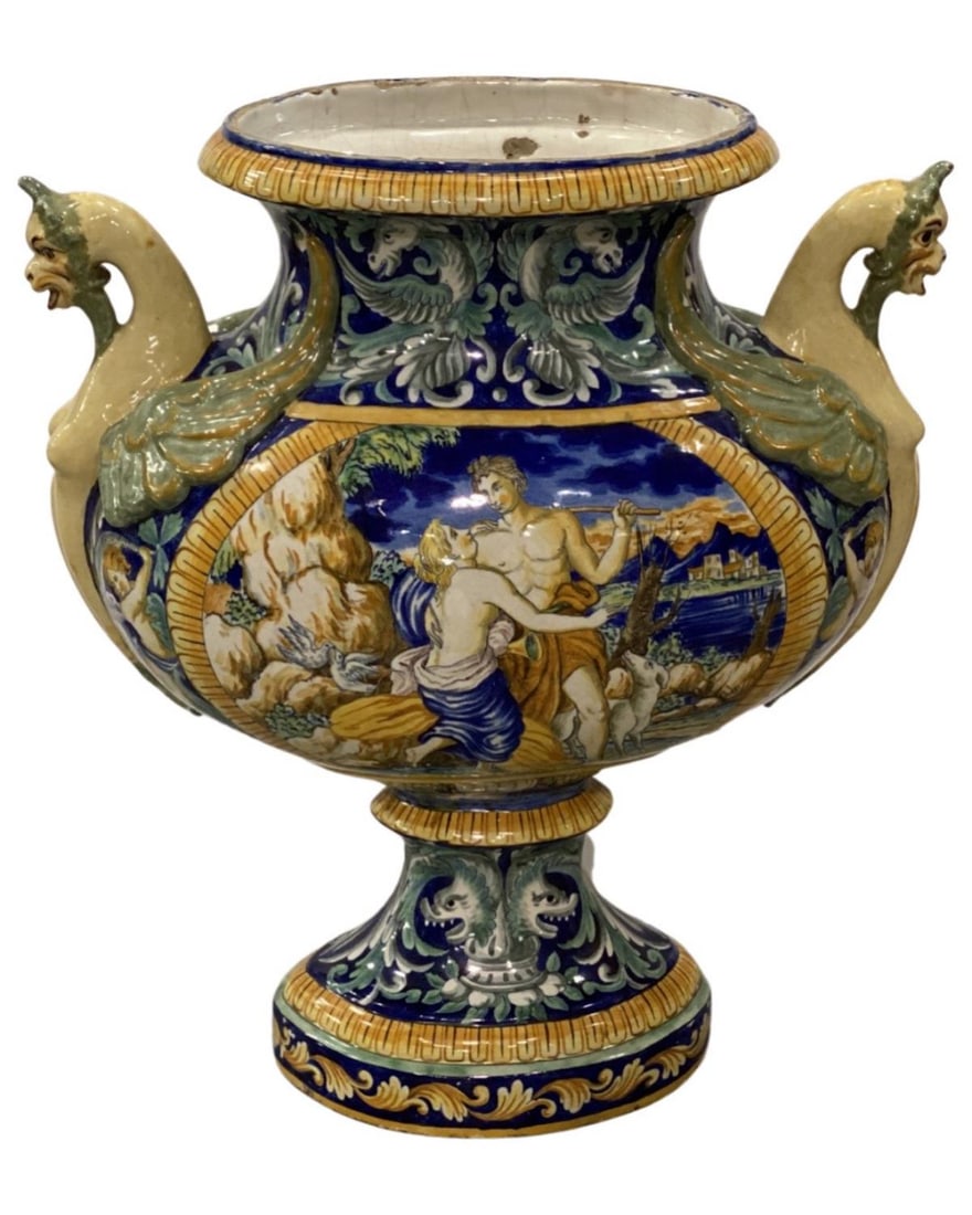 Italian Majolica Eartheware Figural Handle Planter Vase (1 of 3)