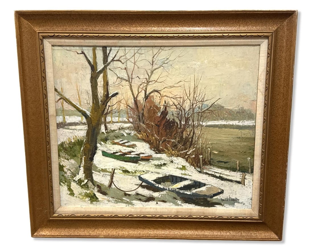 Signed Maurice Lemaitre (French, 1926-2018) Oil Painting on Canvas of a Winter Landscape Scene (1 of 3)