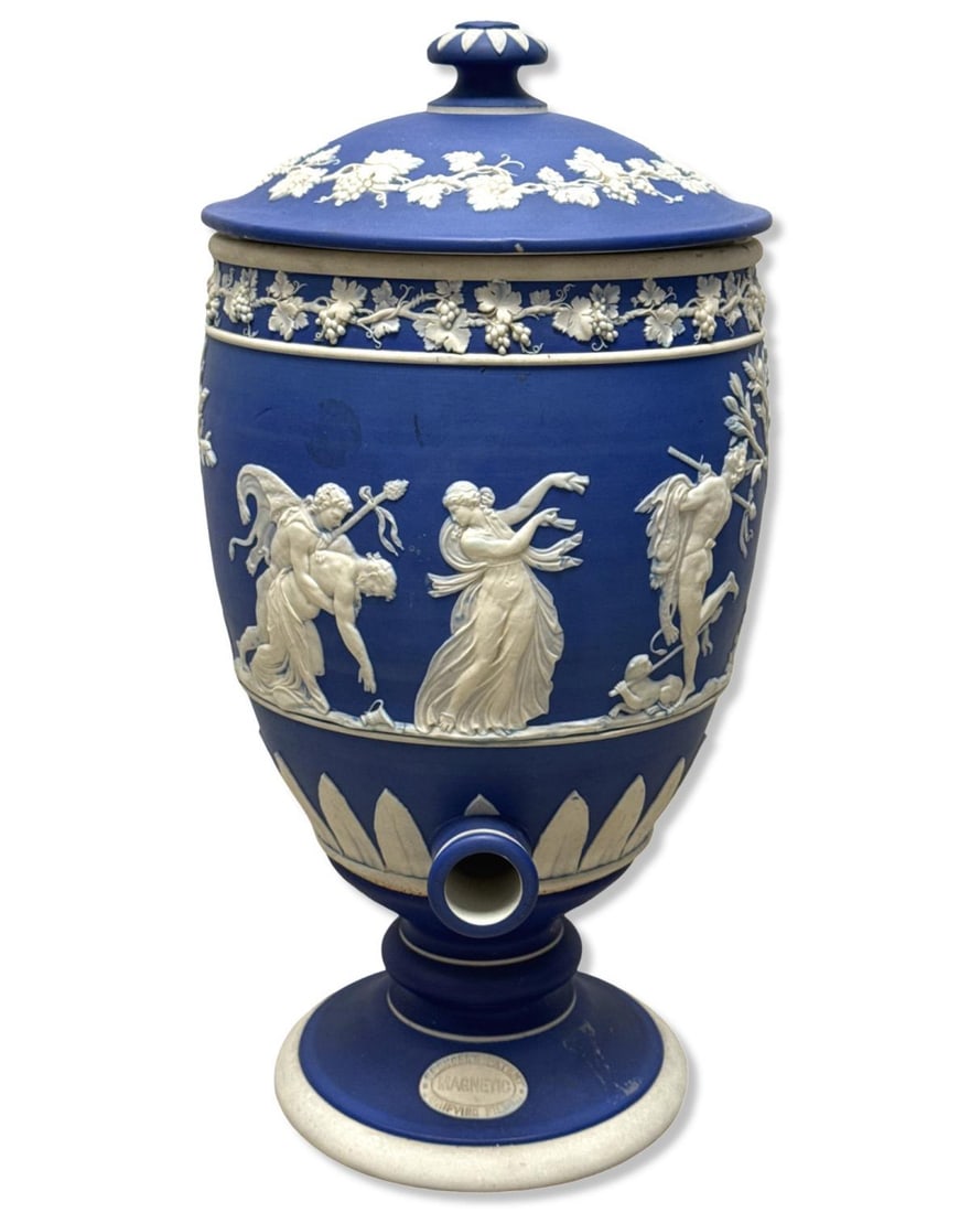 Large Wedgwood Blue & White Jasperware Lidded Beverage Dispenser featuring God and Goddess Motif (1 of 5)