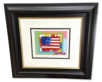 Signed Peter Max (German/American B. 1937) Oil Painting with Collage Flag with Heart on Blends