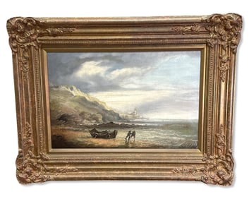 Signed Henry Richardson (English b. 1920) Oil Painting on Canvas of Men Pulling a Boat Shoreside