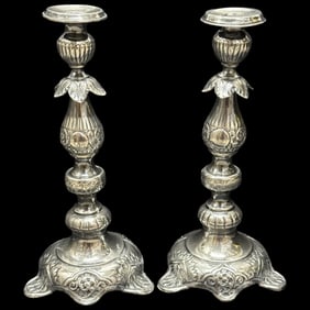 Pair of Antique Russian Sterling Silver Candlestick Holders